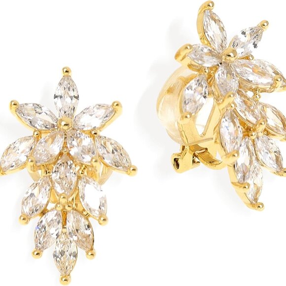 Elegant Gold Leaf Cluster Study Earrings for Women, Hypoallergenic Cubic Zirconi - Picture 1 of 7